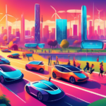 An illustrated landscape featuring diverse groups of people joyously driving a variety of affordable electric vehicles (EVs) across a futuristic cityscape with solar panels and wind turbines in the background, symbolizing a sustainable future and broad adoption of electric mobility.