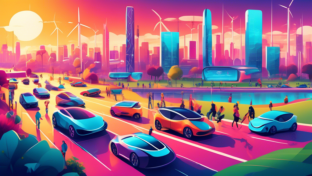 An illustrated landscape featuring diverse groups of people joyously driving a variety of affordable electric vehicles (EVs) across a futuristic cityscape with solar panels and wind turbines in the background, symbolizing a sustainable future and broad adoption of electric mobility.