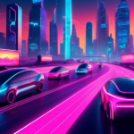 A futuristic cityscape at dusk with a variety of autonomous cars smoothly navigating through multilevel smart roadways, illuminated with neon lights indicating lanes and directions, and digital billboards displaying information about self-driving technology advancements.