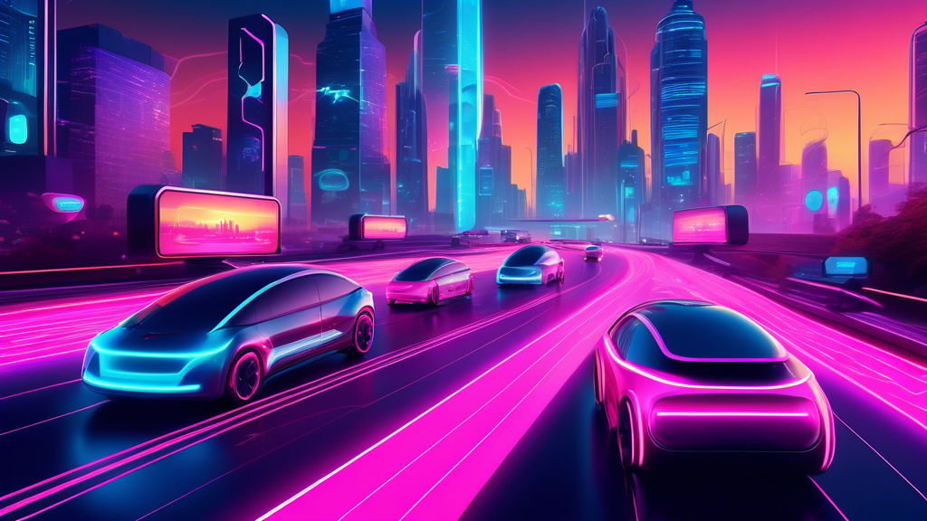 A futuristic cityscape at dusk with a variety of autonomous cars smoothly navigating through multilevel smart roadways, illuminated with neon lights indicating lanes and directions, and digital billboards displaying information about self-driving technology advancements.