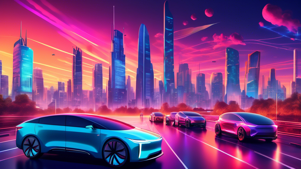A futuristic city skyline where BYD electric vehicles dominate the roads, alongside Tesla models, under a glowing sunset.