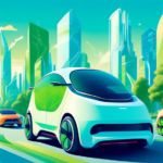 An illustration of futuristic autonomous electric vehicles gracefully navigating a smart, green cityscape under a clear, blue sky.