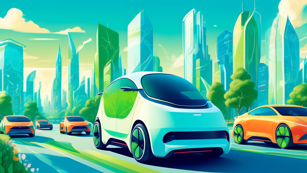 An illustration of futuristic autonomous electric vehicles gracefully navigating a smart, green cityscape under a clear, blue sky.