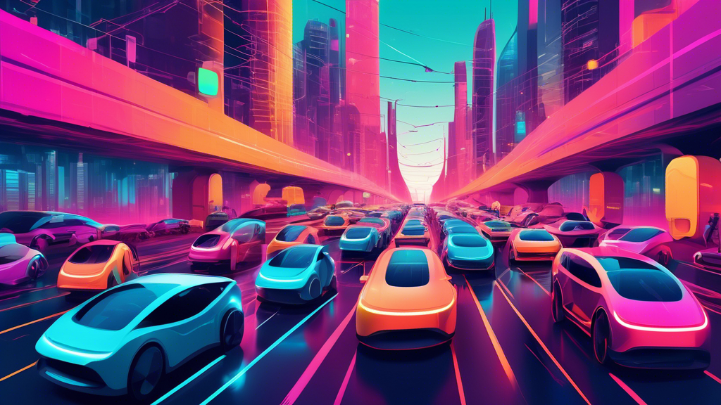 A futuristic cityscape with electric vehicles stuck in a long traffic jam due to inadequate charging infrastructure, highlighting the central challenge of transitioning to electric mobility.