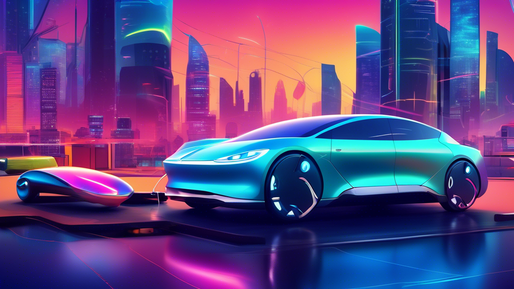 A futuristic cityscape with a side-by-side comparison of a sleek fully electric vehicle and a modern plug-in hybrid car, highlighting their key features and technology, under a glowing infographic sky.