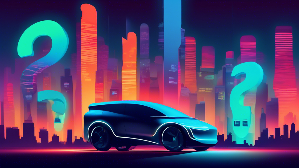 Digital art of an electric vehicle half-covered in shadows with a glowing question mark above it, symbolizing uncertainty, set against a futuristic cityscape at dusk.
