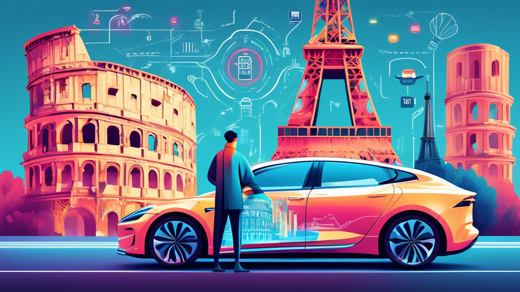 A futuristic illustration of a person standing next to a sleek, electric vehicle with iconic European landmarks like the Eiffel Tower and the Colosseum in the background, surrounded by symbols and infographics highlighting top tips for renting an electric vehicle.