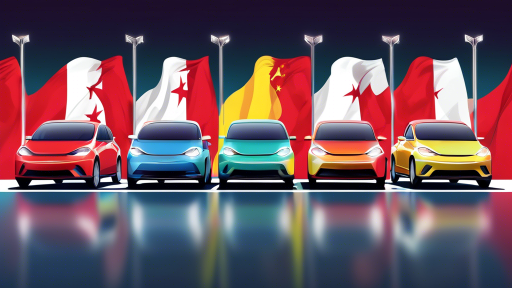 Digital illustration of electric vehicles lined up at the border between Malaysia and Indonesia, with flags of both countries waving in the background, symbolizing their competition to become Southeast Asia's EV hub.
