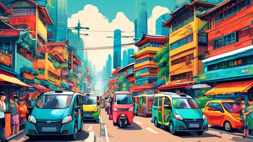 A bustling city street in Asia, with a vibrant mix of electric vehicles, including cars, buses, and motorcycles, showcasing a harmonious blend of traditional architecture and modern technology.