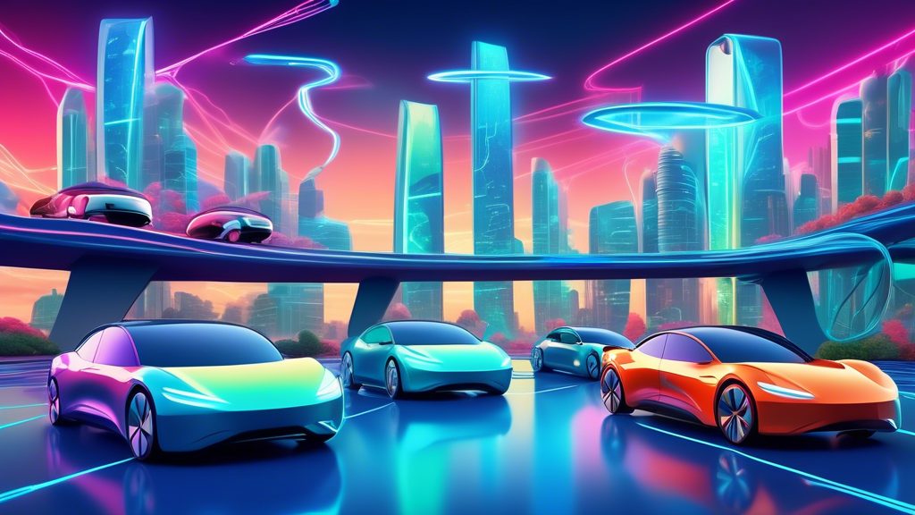 Digital artwork illustrating a balanced scale, with shiny new electric cars on one side and sleek, used electric cars on the other, against a backdrop of a futuristic sustainable city and a question mark made of charging cables in the sky.