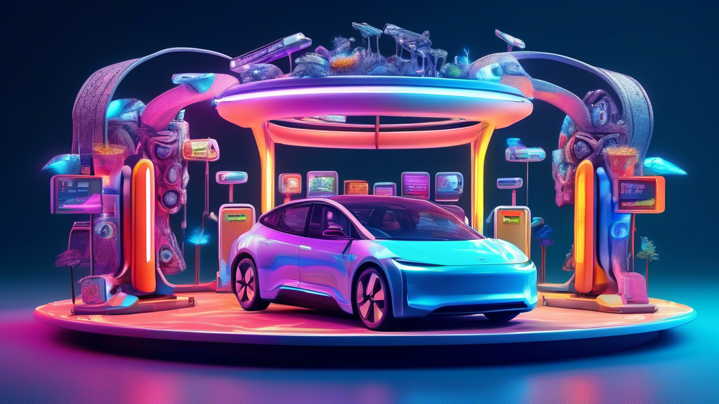 A futuristic electric vehicle charging station surrounded by various beautifully recycled battery sculptures, with holographic displays showing top EV road trip planning apps