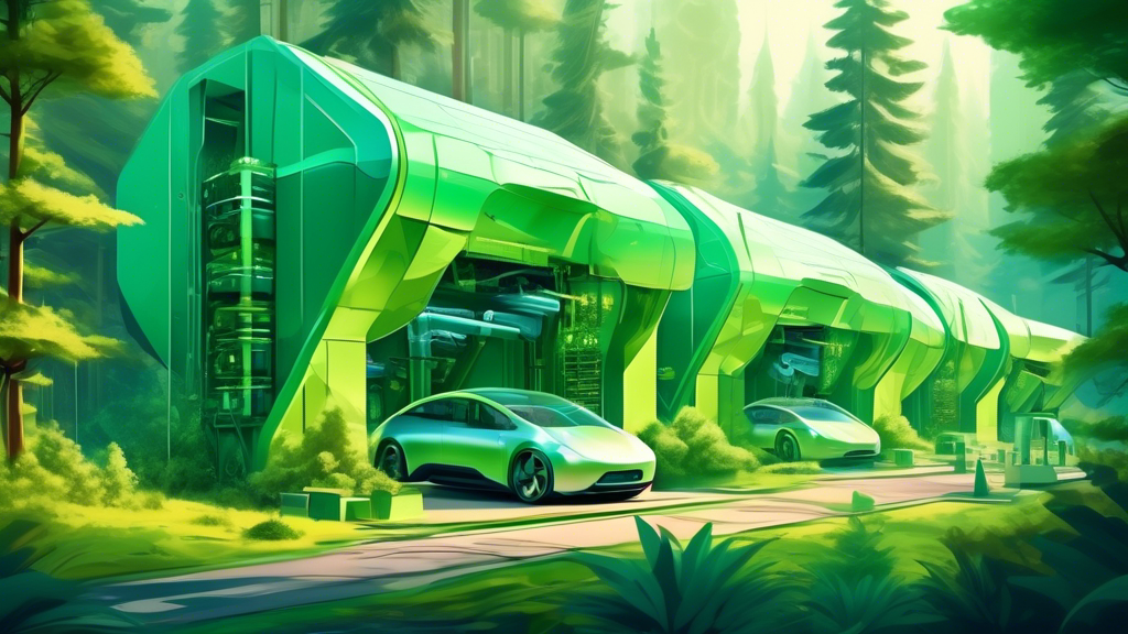 A futuristic recycling facility processing EV batteries against a backdrop of a green, thriving forest, highlighting sustainability and innovation