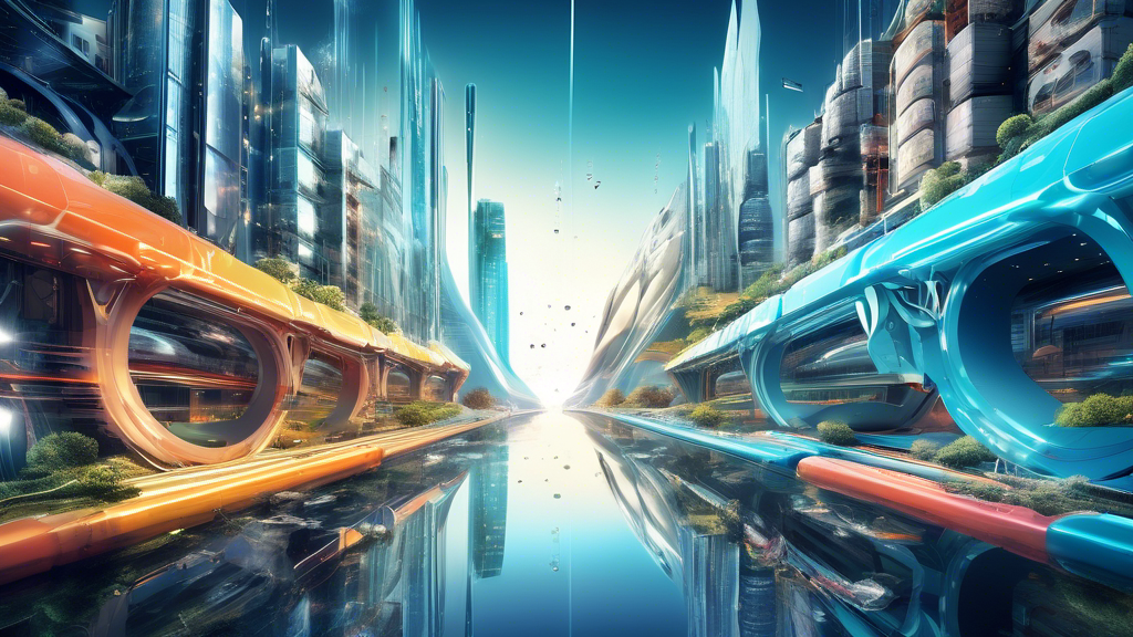 A futuristic landscape split down the middle, with one half illustrating a world powered by sodium-ion batteries and the other half by lithium batteries, showcasing their respective applications and benefits in transportation, electronics, and renewable energy storage. The scene is set in a highly advanced city, buzzing with energy and innovation.