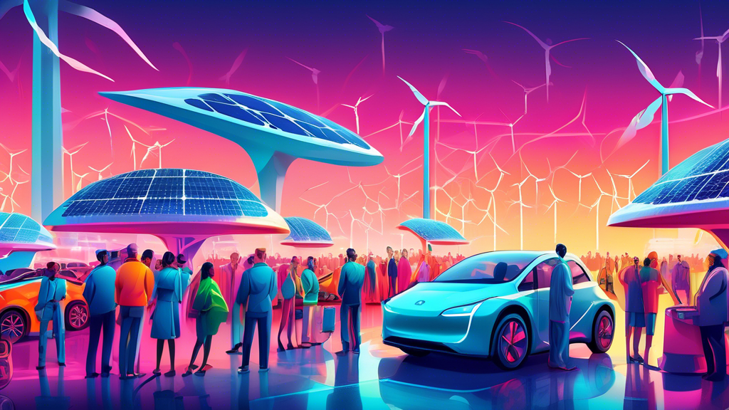 Used Electric Car Market - a vibrant, detailed illustration of a futuristic, bustling electric car marketplace with people of diverse backgrounds examining and trading sleek, used electric vehicles, under a clear sky with solar panels and wind turbines in the background, demonstrating sustainability and technological advancement