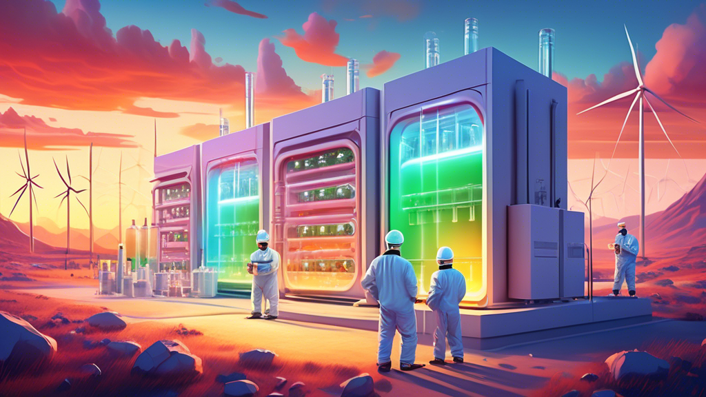 An advanced laboratory with scientists researching and creating futuristic sodium-ion batteries, surrounded by renewable energy sources, under a bright sky signaling a new dawn for energy storage technology.