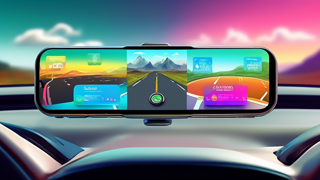 An illustrative digital montage showcasing various smartphones mounted on a car dashboard, each displaying a colorful and distinctive interface of top-rated electric vehicle (EV) road trip planning apps, with a scenic highway stretching into a sustainable future landscape in the background.