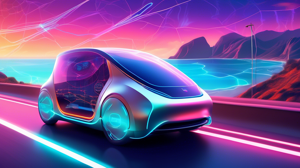 Digital illustration of a futuristic electric vehicle on a scenic coastal road trip, with a holographic map and route guidance projected in the sky, showcasing advanced EV road trip planning tools.
