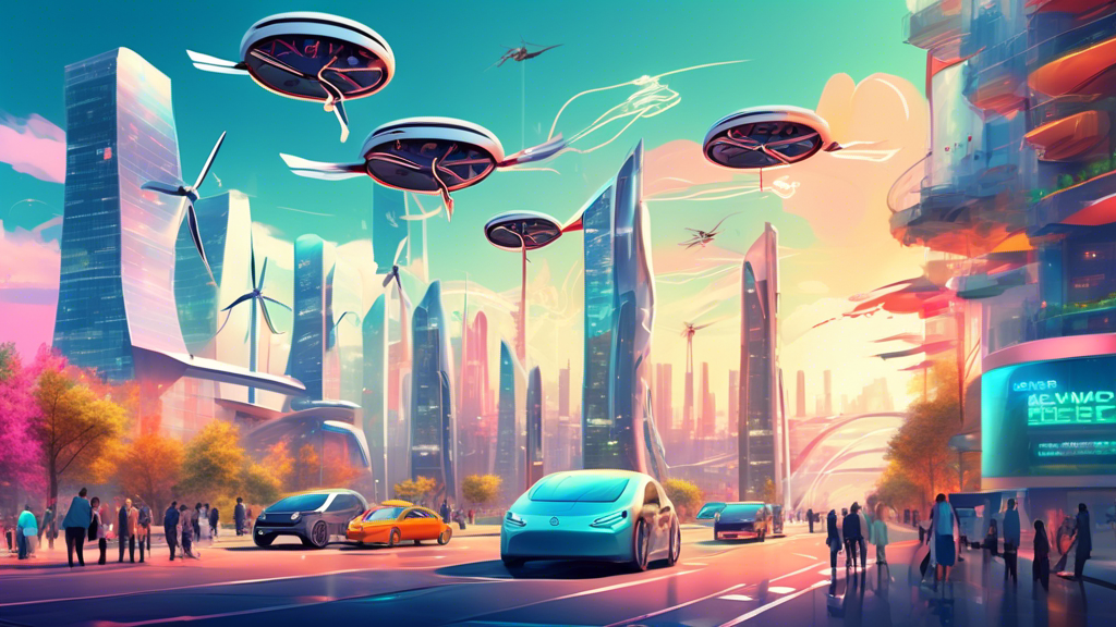 An optimistic future cityscape in 2024 with a sky filled with drones, people commuting in sleek electric vehicles of various designs, and renewable energy sources like wind turbines and solar panels prominently displayed in the background, embodying the top reasons to switch to electric vehicles.