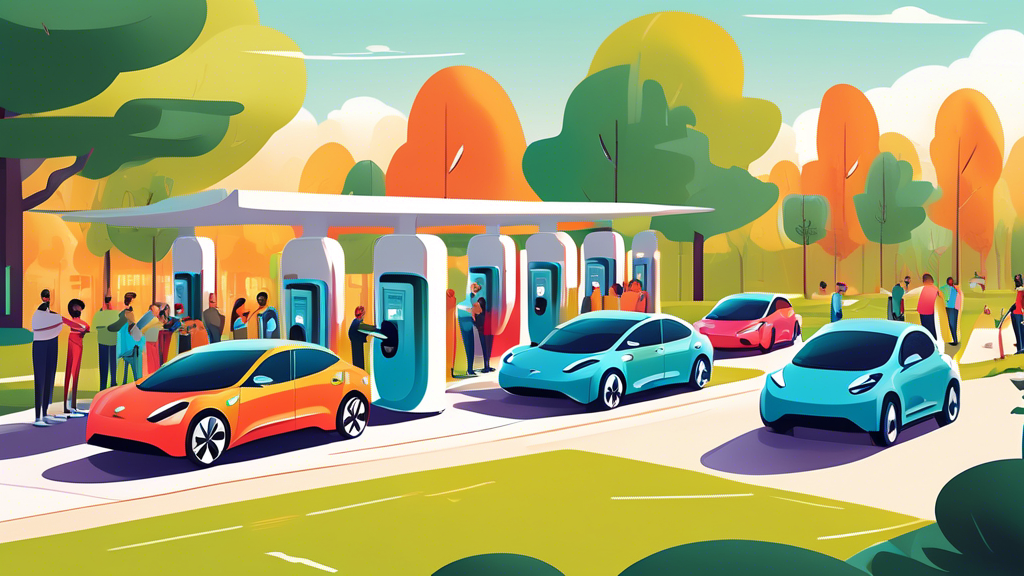 An illustration of electric cars politely waiting in line at a charging station, with drivers exchanging friendly gestures and sharing tips, in a bright and welcoming community park setting.