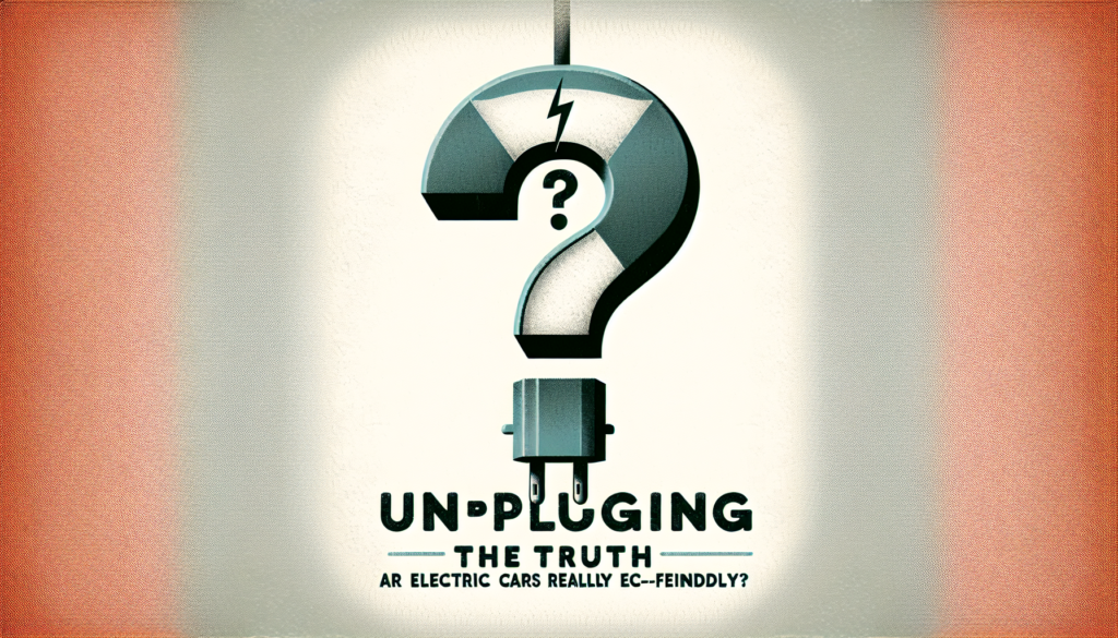 A conceptual illustration showing a question mark in the middle of a half-plugged symbol for electricity, representing the controversy about whether electric cars are truly eco-friendly. The image should have a grayish background to create a sense of ambiguity. Words 'Unplugging the Truth: Are Electric Cars Really Eco-Friendly?' should be inscribed in bold, thought-provoking typography at the top of the image.