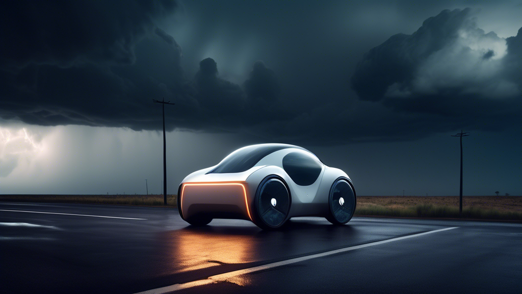 A futuristic electric car stranded on a deserted highway with its hood open, displaying an oversized, dimly lit battery symbol, under a stormy sky.