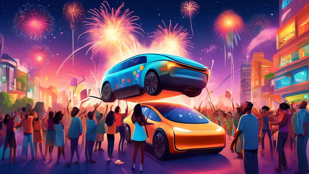 Electric Vehicle Sales - Diverse people celebrating around a giant electric car with fireworks in the sky, marking the year 2024, in a futuristic, eco-friendly cityscape at dusk.