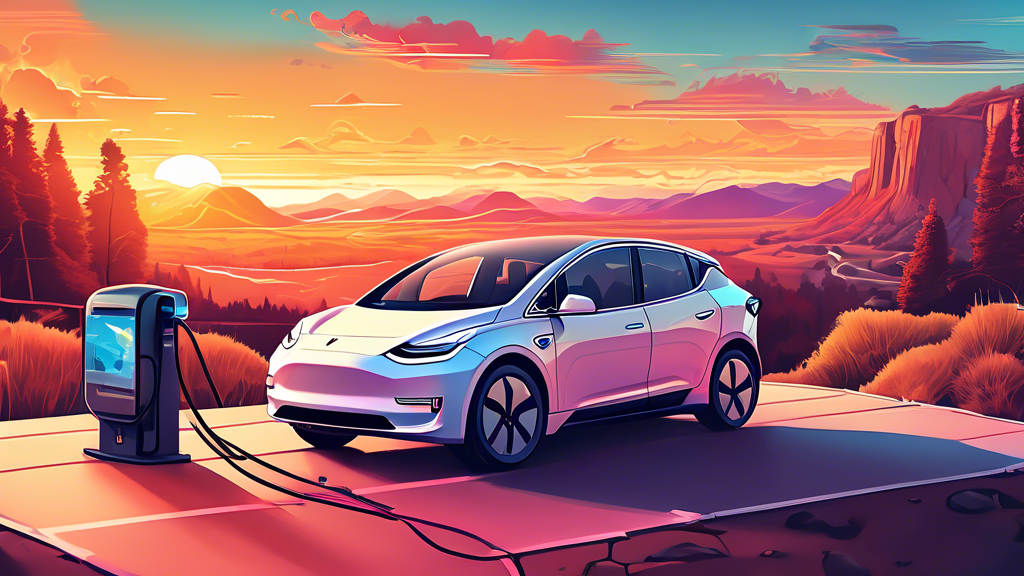 Detailed illustration of an electric vehicle charging at a scenic overlook with a road map and essential travel gear laid out next to it, against a backdrop of a sunset road trip adventure landscape.
