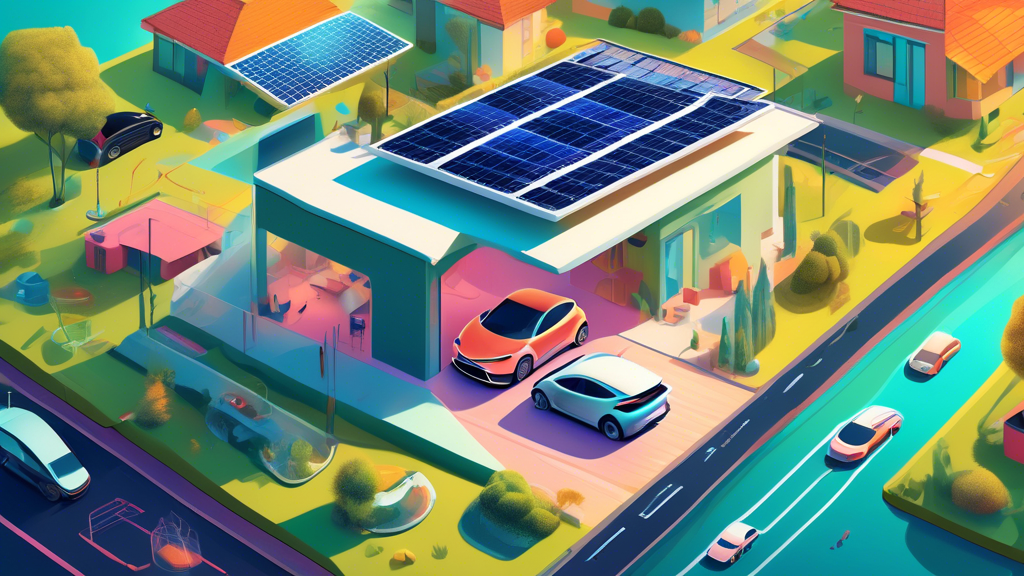 An illustrated montage showcasing surprising facts about electric vehicles, including a hidden solar panel roof, a battery powering a house, and a car seamlessly charging while driving on a futuristic road.
