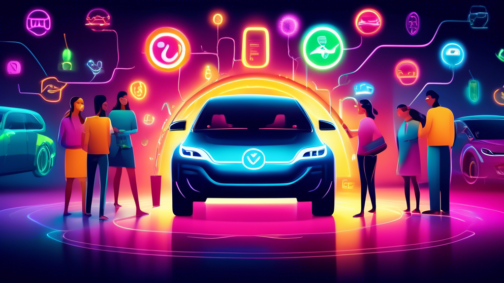 Battery-Electric Vehicles Vs. Hybrids: An illustration of a sleek, futuristic battery-electric car glowing with energy and efficiency symbols, surrounded by happy consumers, contrasted with a dimly lit, less appealing hybrid vehicle in the background, illustrating the main reasons consumers choose electric over hybrid.