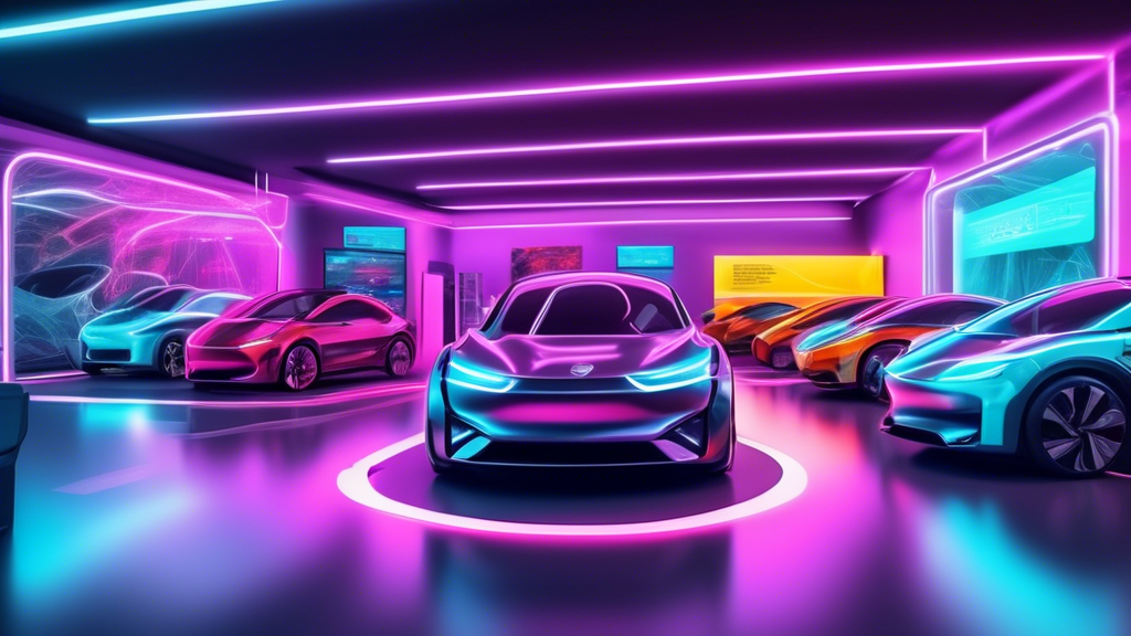 Mistakes to avoid at EV Dealership: A futuristic electric vehicle dealership showroom with highlighted visual cues and symbols indicating common mistakes buyers should avoid.