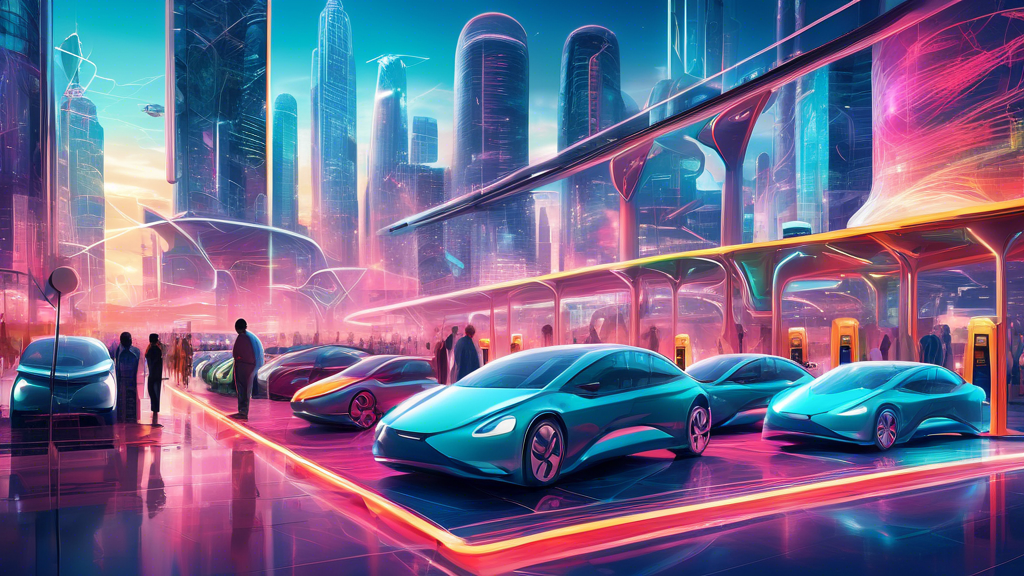 EV Charging - 7 must-know facts about EV Charging. An intricate digital art piece showcasing a futuristic cityscape with diverse electric vehicles seamlessly charging at various innovative stations, while people from all walks of life observe with interest, under a clear, technologically advanced skyline.