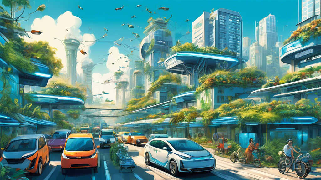 An artistic cityscape in Southeast Asia filled with electric vehicles, including cars, buses, and bikes, buzzing under a clear blue sky, with charging stations conveniently located and plants growing