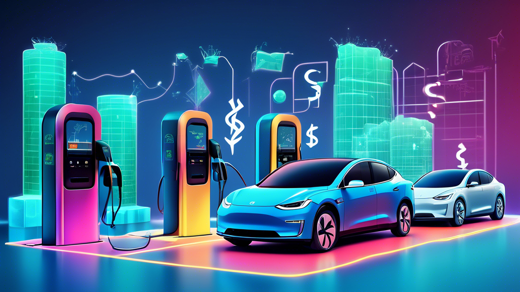Detailed illustration of various electric vehicle (EV) charging stations with floating dollar signs and financial graphs in the background, highlighting profitability analysis.