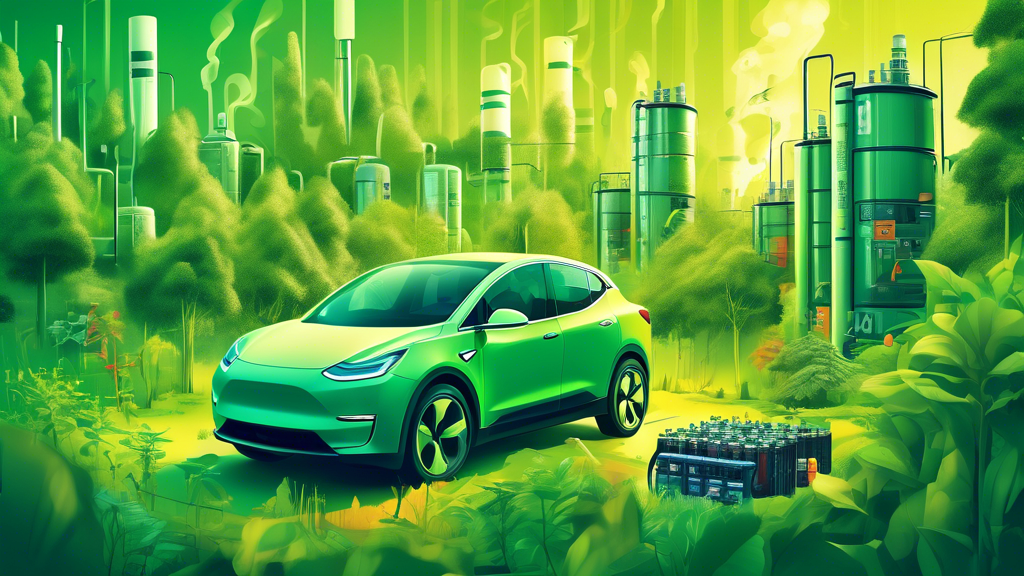 The Environmental Impact of Electric Cars Battery Production: An illustrative digital art piece depicting a busy electric car battery factory with visible emissions juxtaposed against a lush green forest symbolizing nature and sustainability, with an overlay of