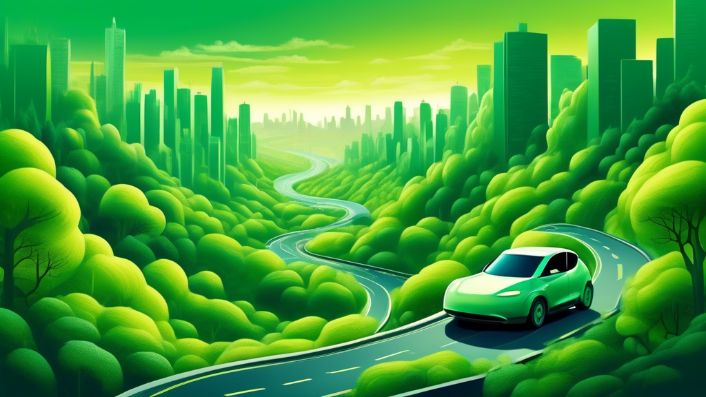 Assessing the Environmental Impact of Electric Cars: An artistic representation of a lush green forest with a winding road, where a modern electric car is driving, juxtaposed with a distant cityscape shrouded in smog, symbolizing the comparison of envir