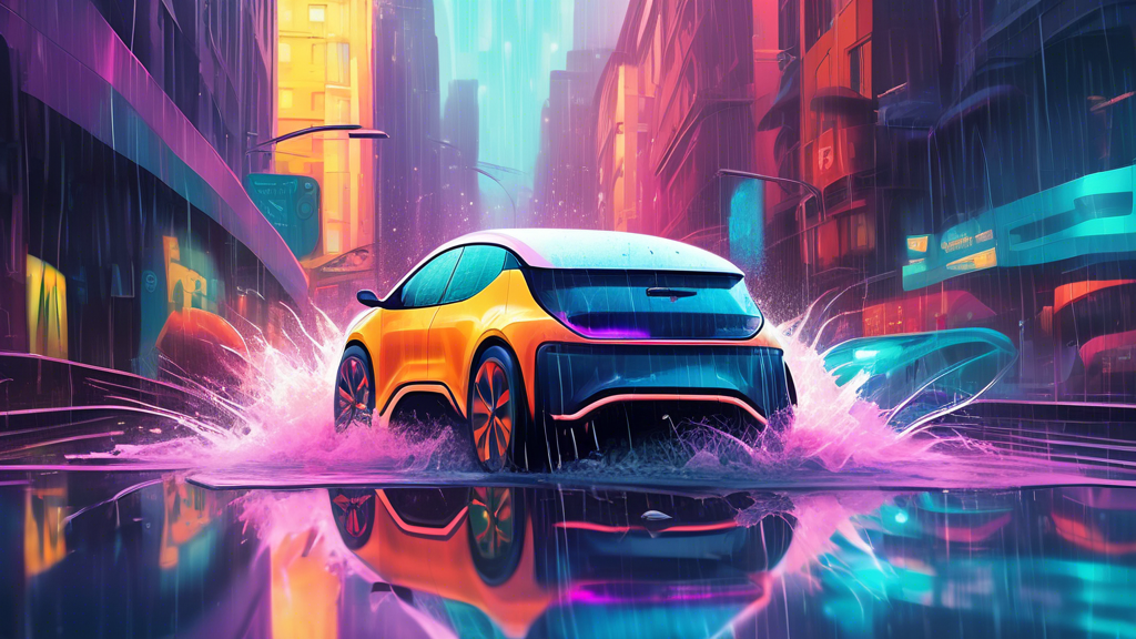Can Electric Cars Drive Through Water?: Digital artwork of an electric car driving through a deep puddle on a rainy day, showcasing the vehicle's water-resistant features in a futuristic cityscape.