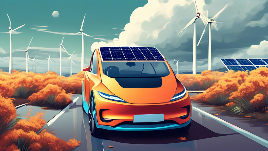 An electric vehicle parked under a cloudy sky with solar panels integrated into its roof, visibly powering up despite the overcast weather, surrounded by a mix of scattered bushes and modern, wind tur
