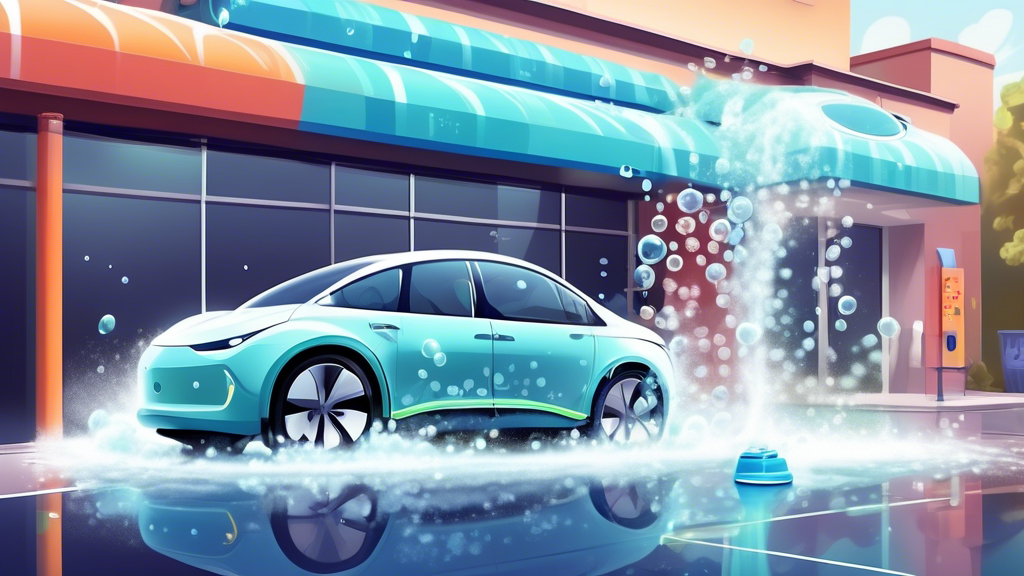 An electric vehicle (EV) going through an automatic car wash with soap bubbles and water jets illustrating a safe and eco-friendly cleaning process.