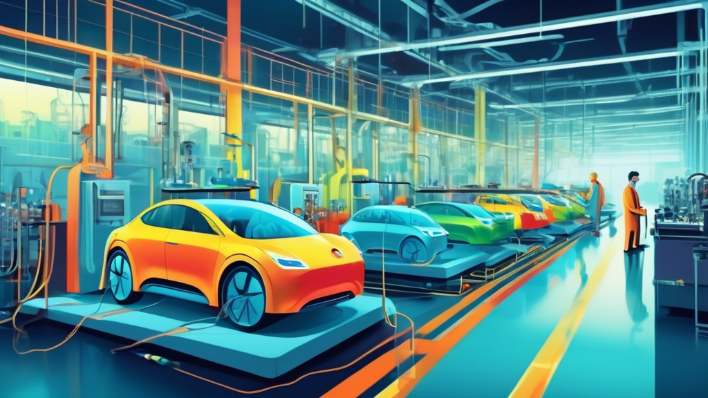 An industrial scene illustrating the manufacturing of electric cars with visible carbon dioxide emissions being analyzed by environmental scientists, set in a modern, high-tech factory.