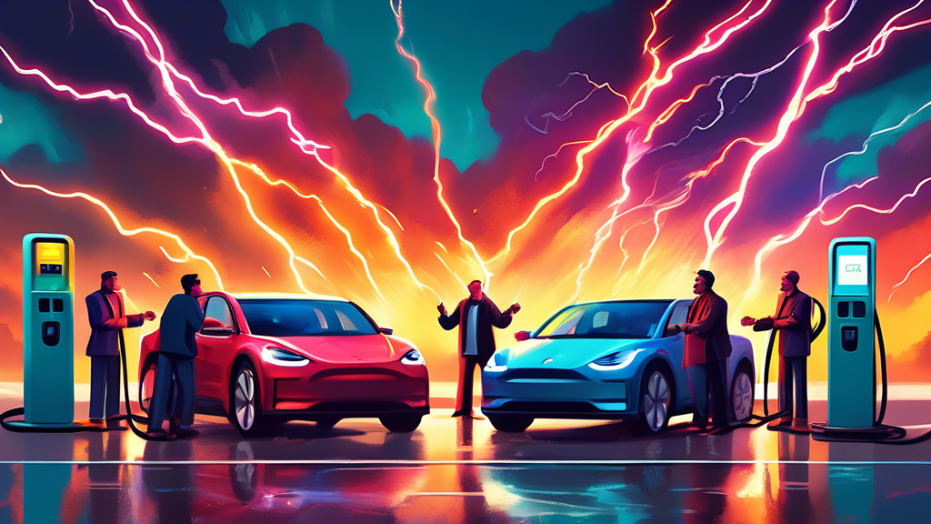 Electric cars charging drama: An intense showdown at a crowded electric vehicle charging station, under a stormy sky, with sparks flying as drivers argue over the last available charger.