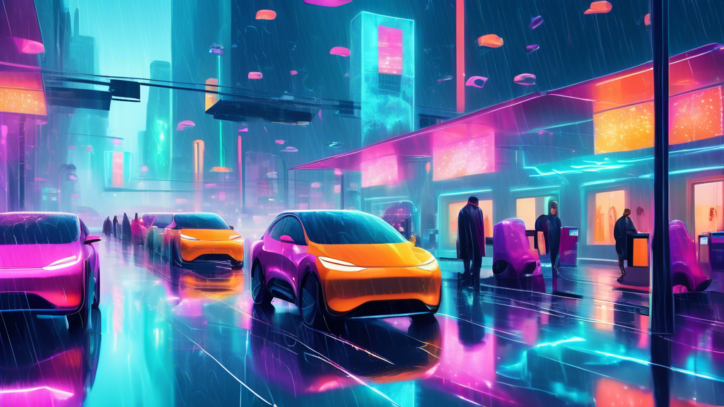 Driving and Charging Electric Cars in the Rain: Safe or Not? A futuristic cityscape under heavy rain, with multiple electric cars charging safely at illuminated, weatherproof charging stations, people walking with umbrellas, and soft reflections on wet roads.