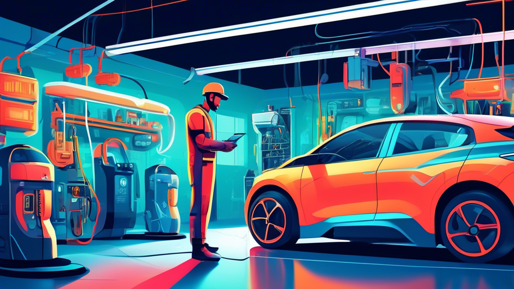 A mechanic standing in a futuristic auto repair shop, surrounded by an electric vehicle, a hybrid car, and a plug-in hybrid, highlighting the different maintenance activities for each.