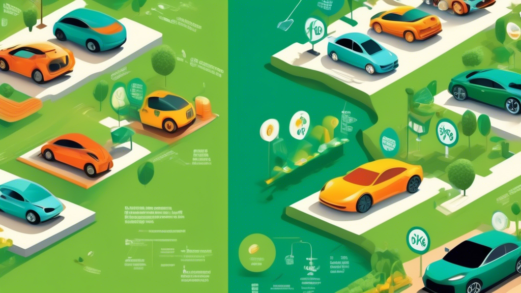 An infographic comparing the long-term economic benefits and initial costs of electric vehicles versus traditional gas-powered cars, illustrated with icons of dollar signs, electric plugs, and fuel pumps, set against a background of a cityscape transitioning to green fields.