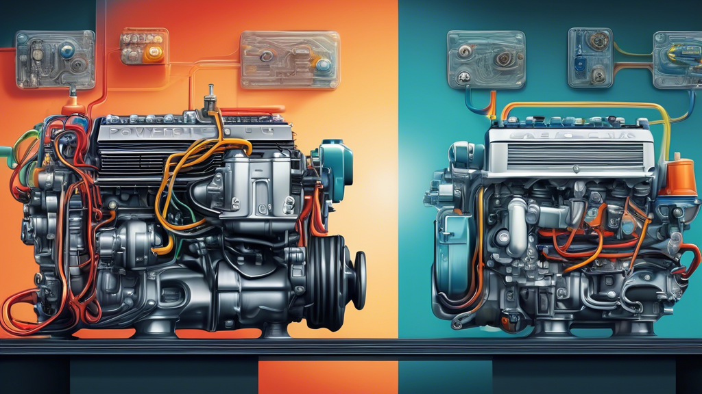 EV maintenance vs. gas-car: An illustrative split image comparing the complexity of a gas car engine versus the simplicity of an electric vehicle's powertrain, set in an automotive workshop environment.