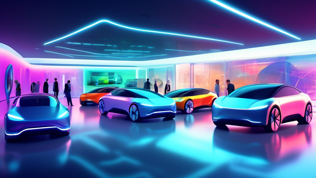 Electric Cars - A Guide Before You Buy: A futuristic electric car showroom with a variety of sleek, modern electric vehicles on display, attended by a diverse group of prospective buyers and a knowledgeable salesperson, all under bright, ec