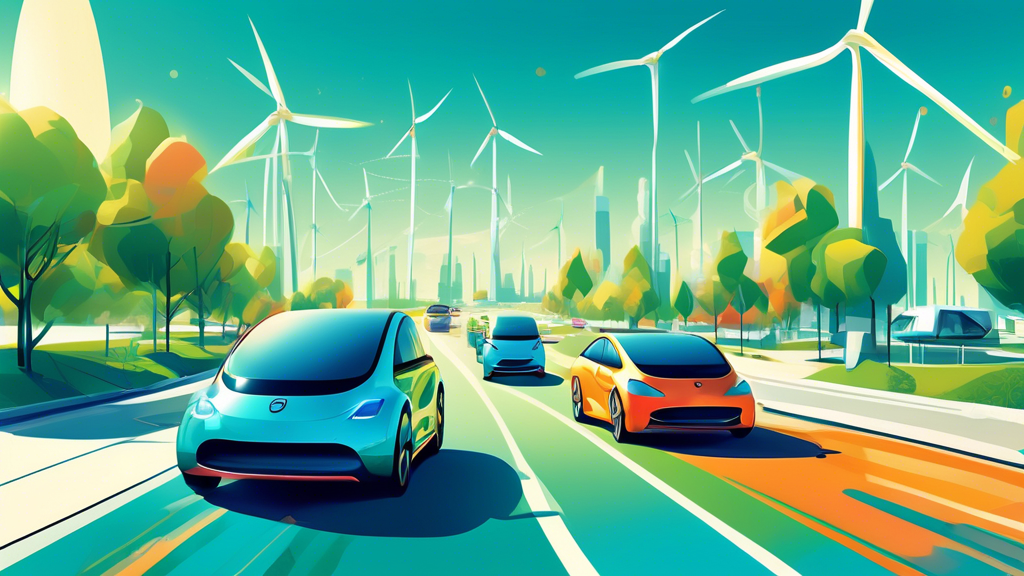 Electric Cars Emissions: An artistic digital illustration of a futuristic cityscape where electric cars of various designs and colors move smoothly along a clean, green boulevard, under a clear blue sky, with wind turbines an