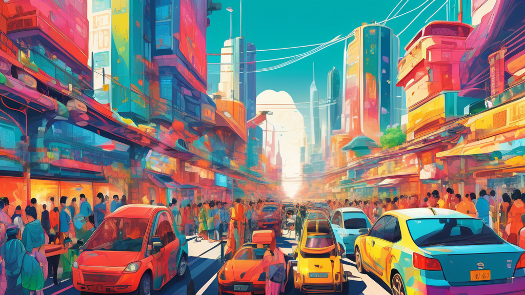 EV-outlook-in-asia-Trends-and-Predictions: An artistic cityscape of an Asian metropolis in the future, bustling with diverse people and numerous electric vehicles, including cars, buses, and bikes, depicted in vibrant colors under a clear, sun