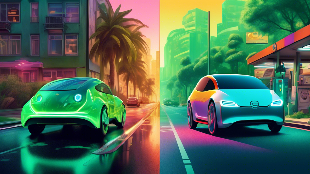 The comparison of the life span of electric vs. petrol cars: An artistic digital illustration showing a split scene: on the left, a futuristic electric car with a glowing battery symbol on a pristine road in a lush green environment; on the right, a classic pet