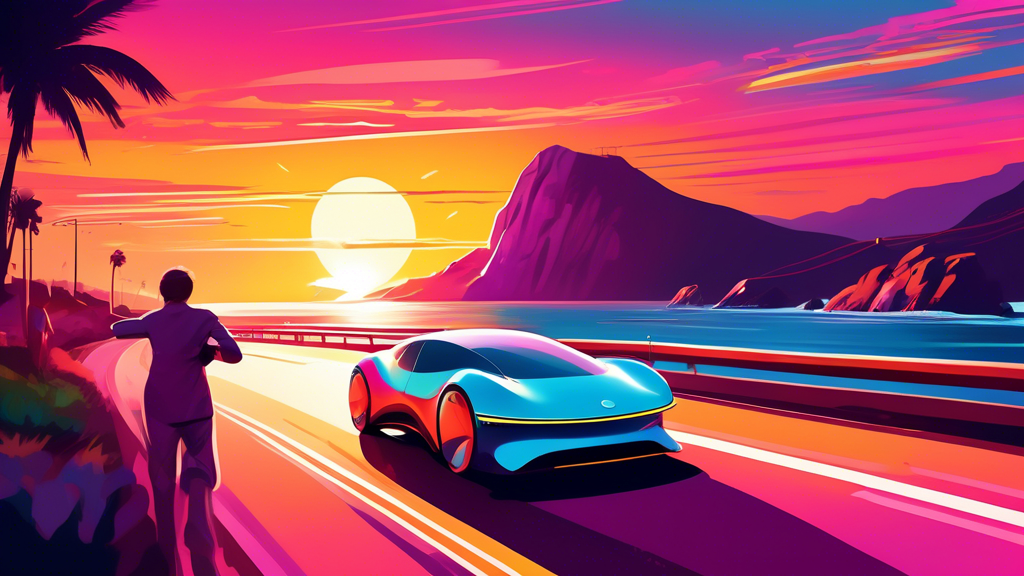 A sleek futuristic electric car speeding down a scenic coastal highway, with excited passengers enjoying a breathtaking sunset, conveying an exhilarating sense of adventure and sustainability.