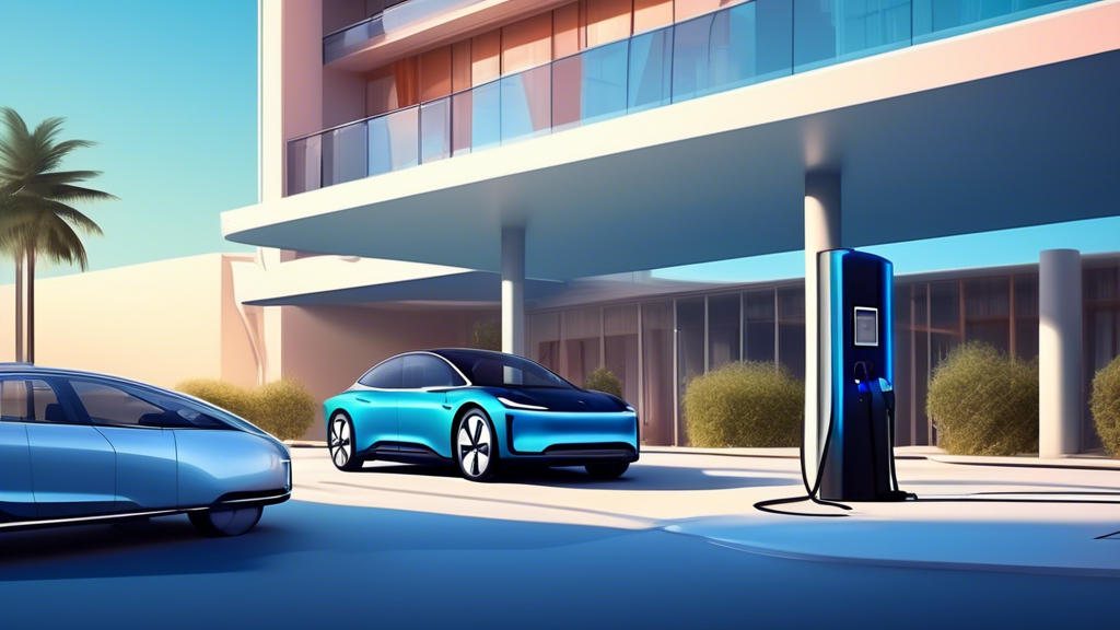 Enhancing the Value of EV Parking in Hotels: A sleek, modern electric vehicle (EV) charging at a designated EV parking spot in front of a luxurious hotel under a clear, blue sky.
